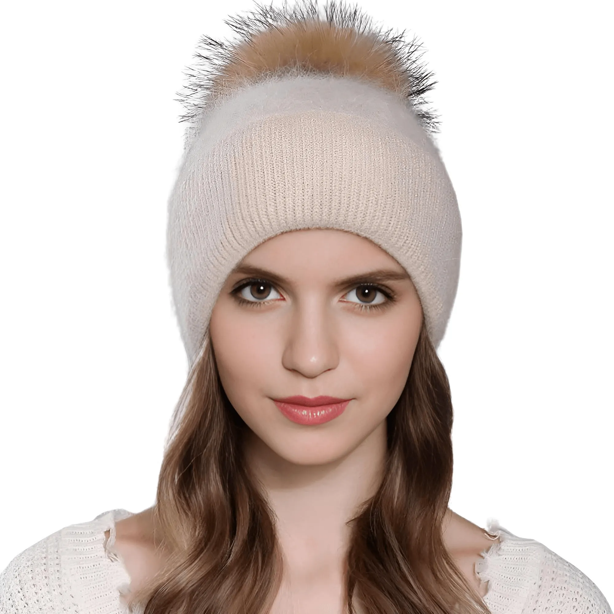 Natural Raccoon Fur Pompom Rabbit Fur Women's Angora Fur Hat Bonnet Women's Winter Hats