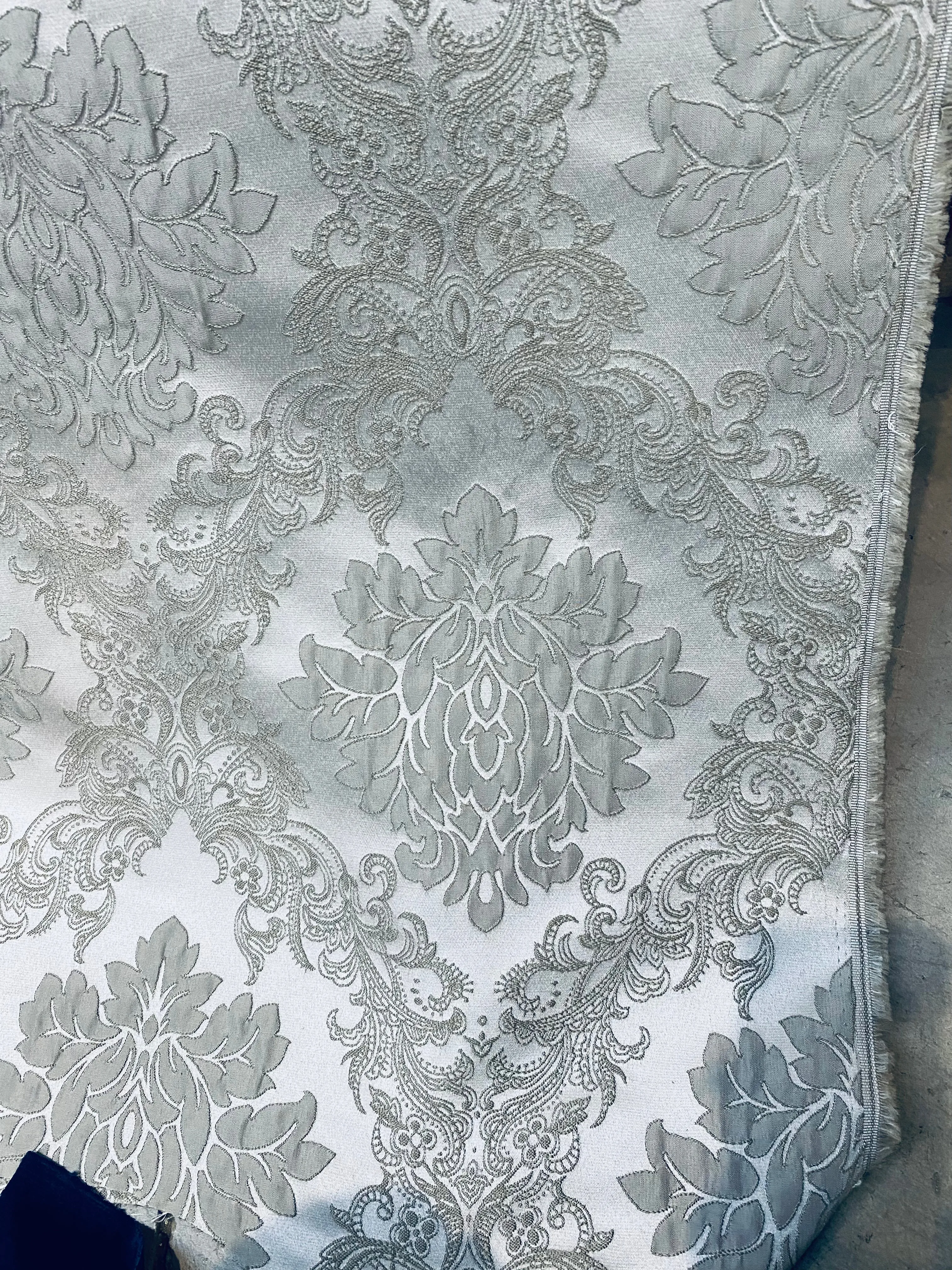 NEW Princess Gemma Designer Brocade Satin Fabric-Cloud Grey- Upholstery Medallion