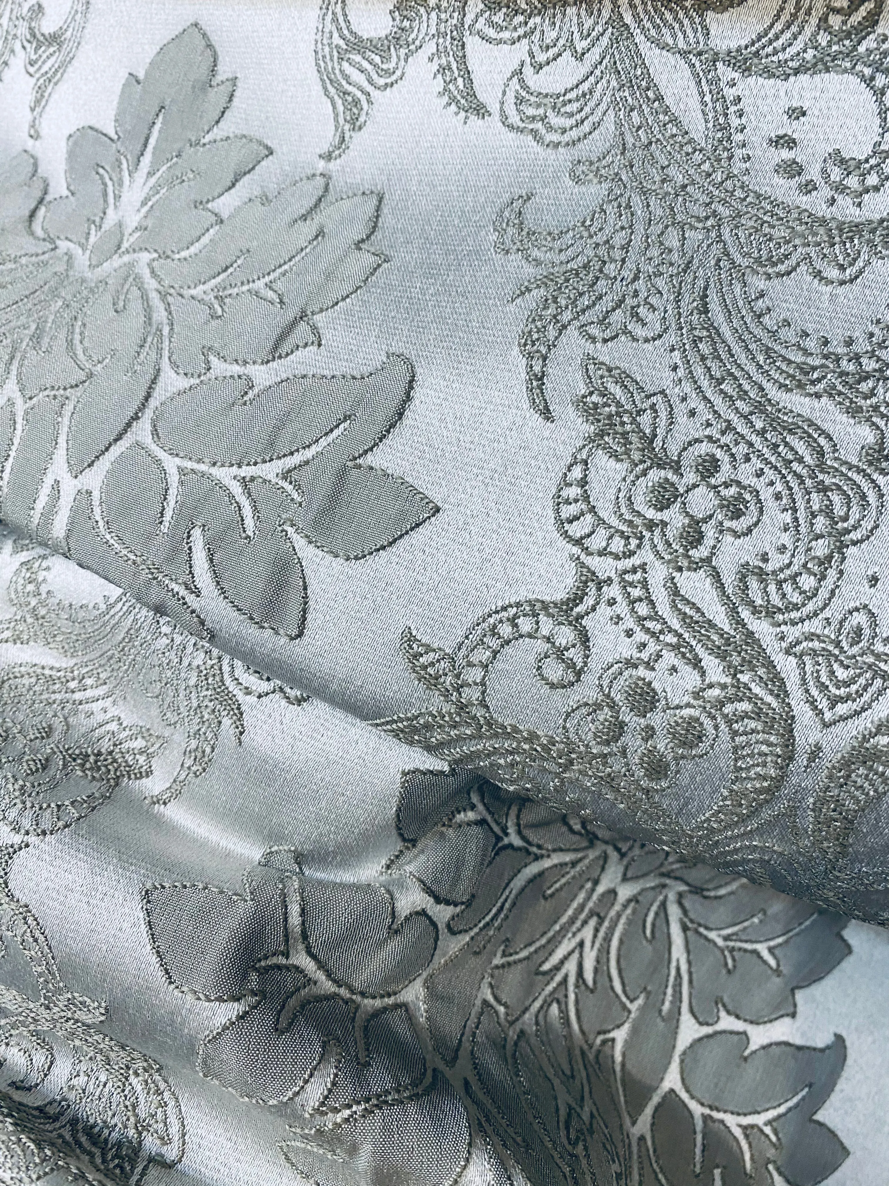 NEW Princess Gemma Designer Brocade Satin Fabric-Cloud Grey- Upholstery Medallion