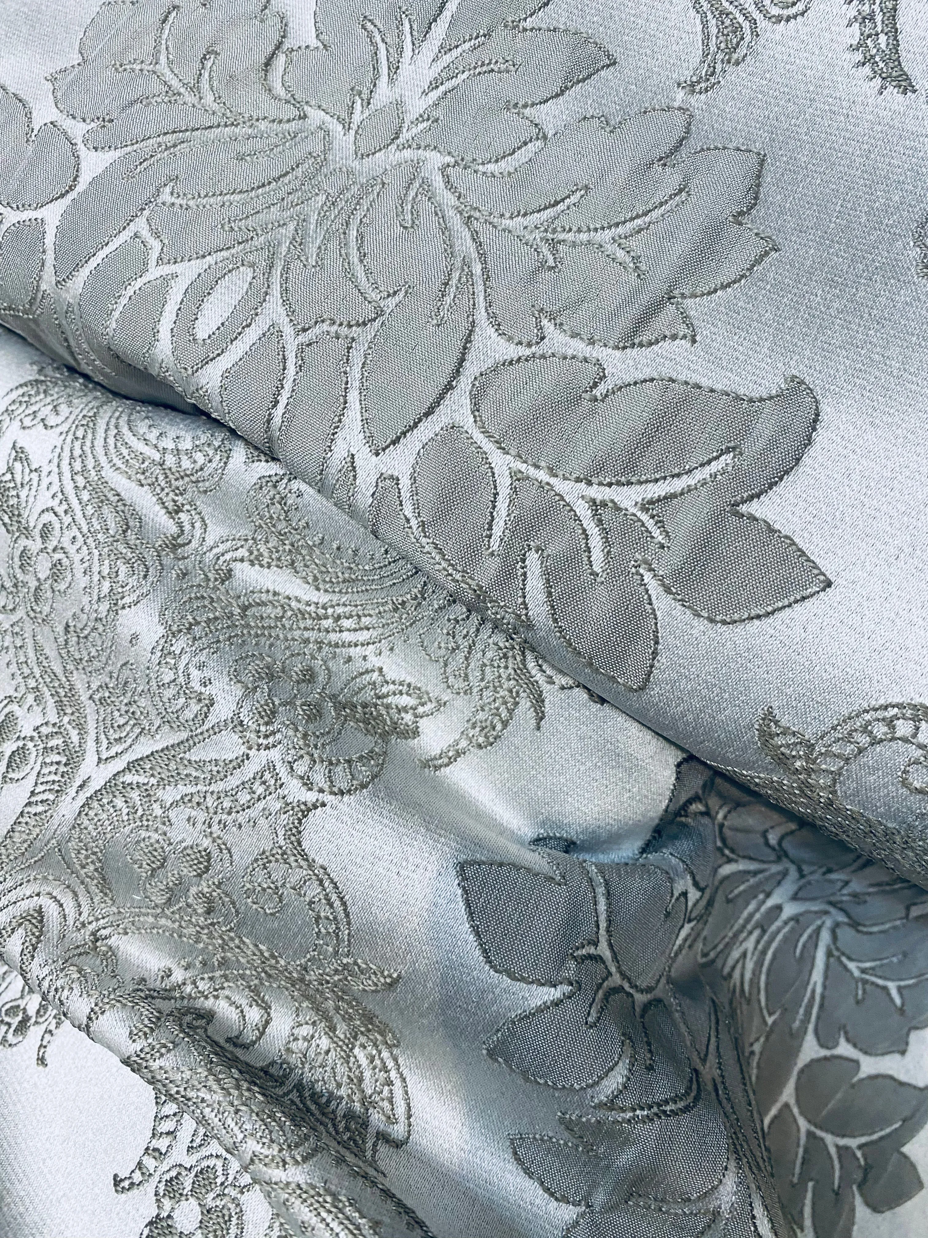 NEW Princess Gemma Designer Brocade Satin Fabric-Cloud Grey- Upholstery Medallion