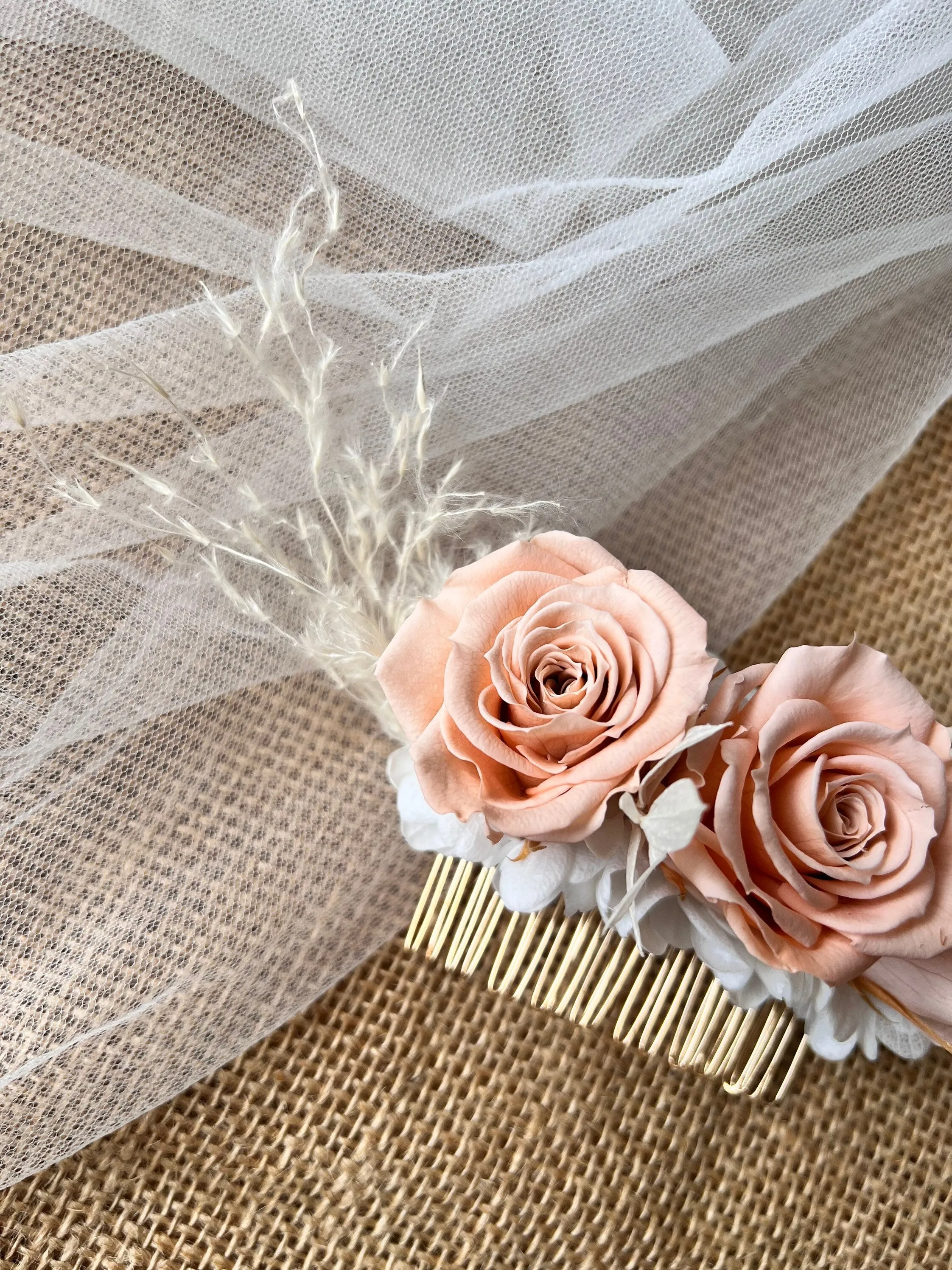 Pink Peach Rose Hair Piece, Princess Bridal Hair Piece, Preserved Rose Decorative Wedding Side Comb in Gold, Everlasting Flower Updo Hair