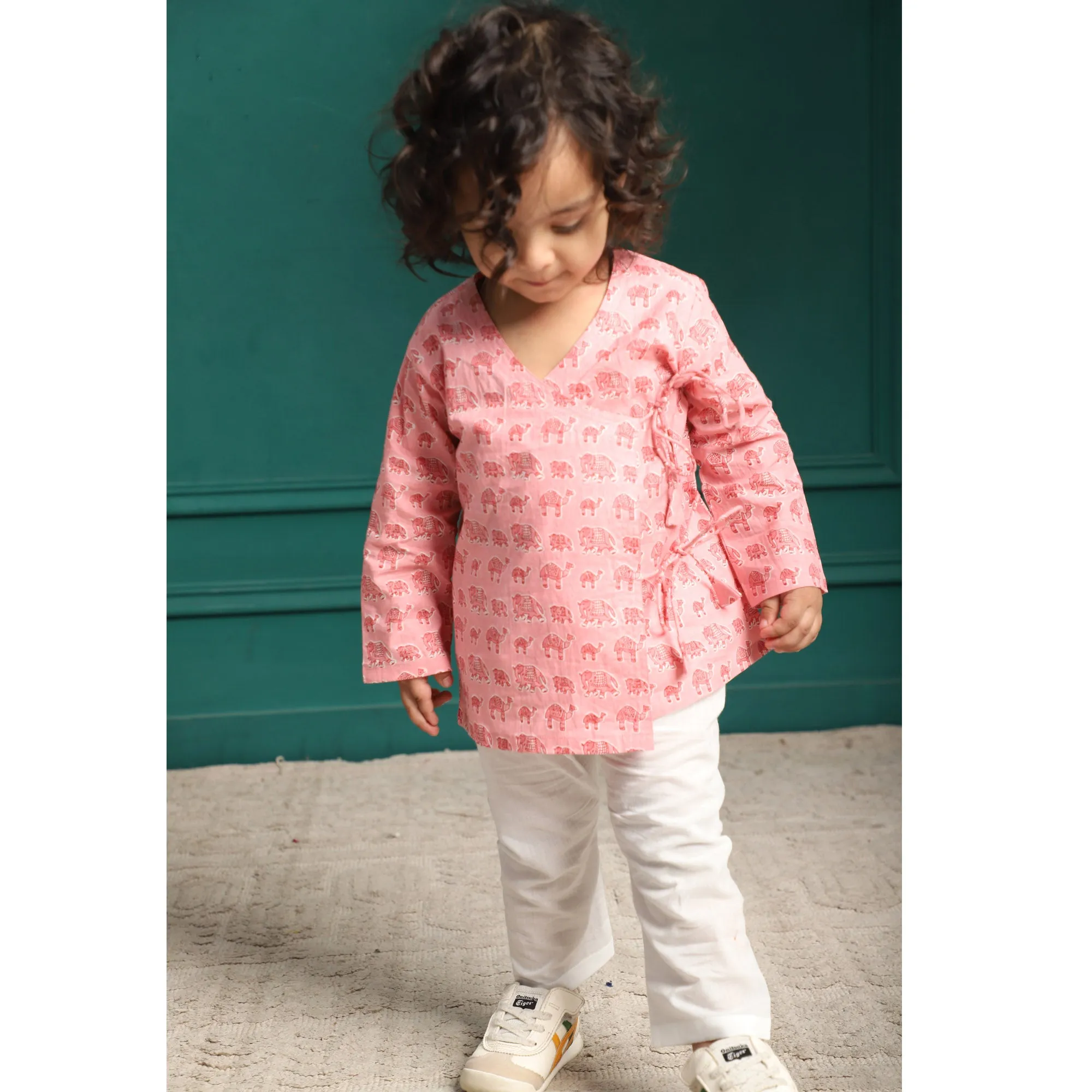 Polka Tots Full Sleeve Camel Print Front Open Angrakha Kedia Pant Set - Light Pink