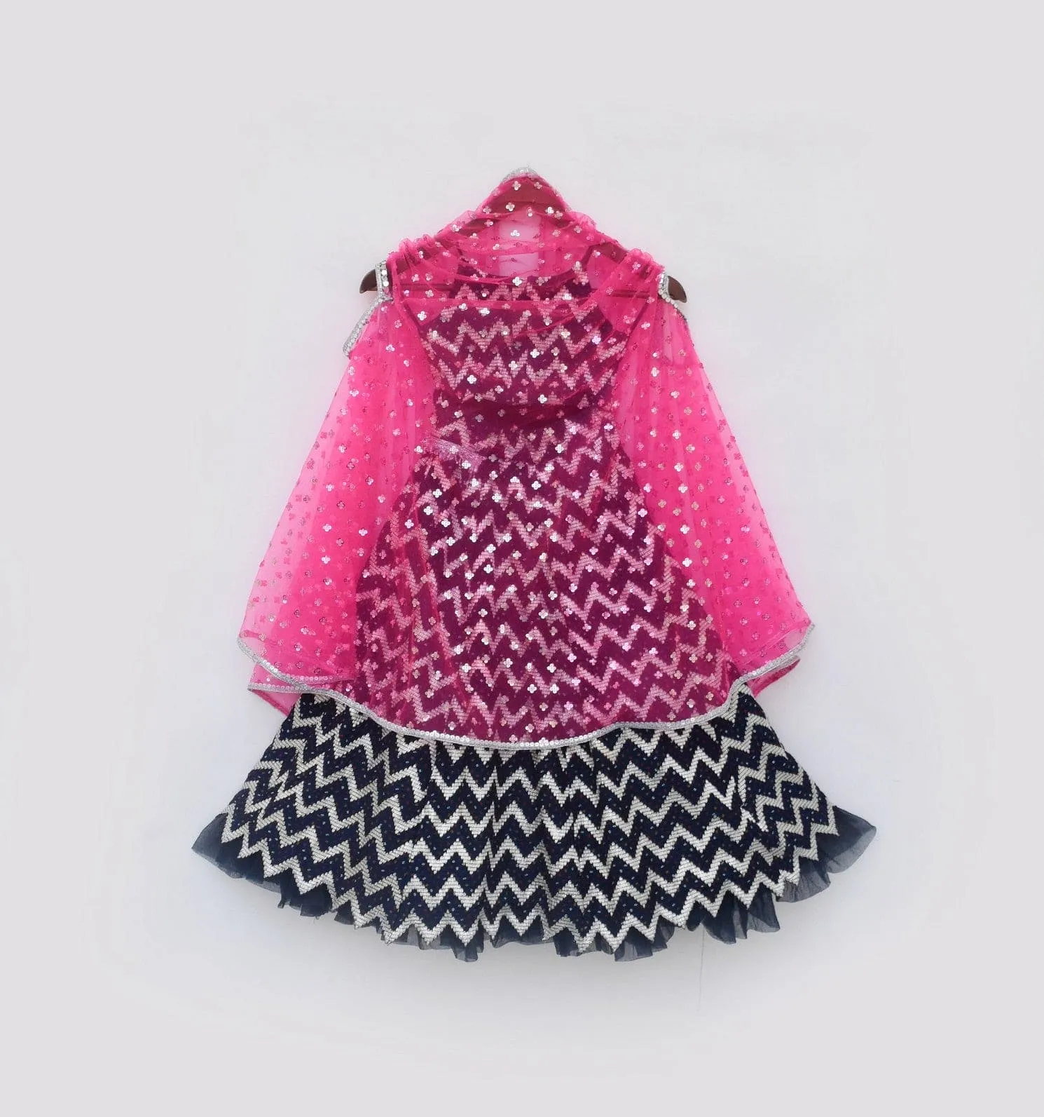 Pre Order: Hot Pink Cape with Dark Blue Lehenga Choli