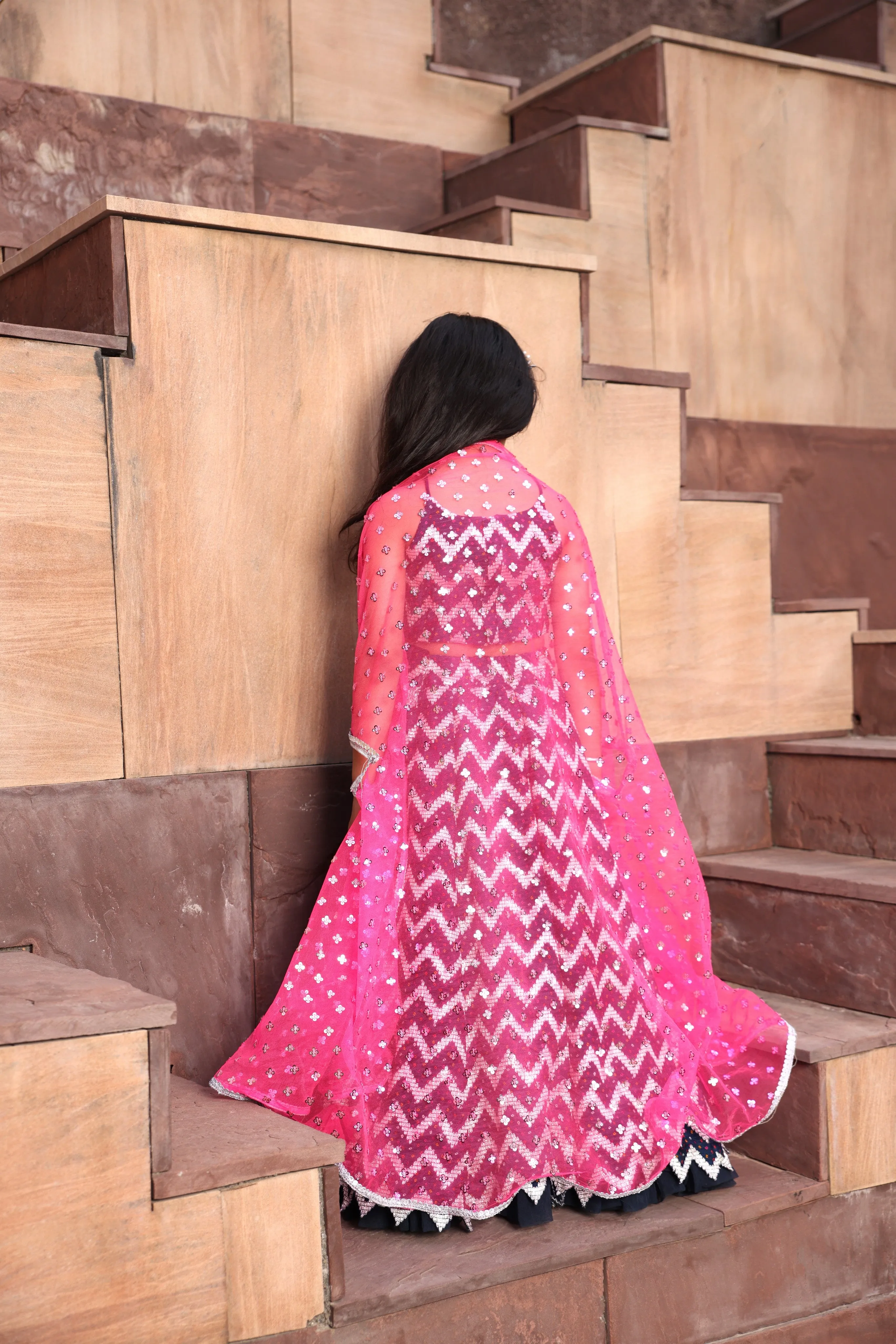 Pre Order: Hot Pink Cape with Dark Blue Lehenga Choli