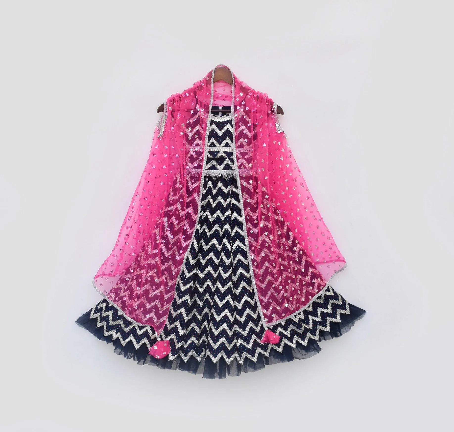 Pre Order: Hot Pink Cape with Dark Blue Lehenga Choli