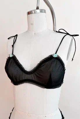 READY TO SHIP / Black Recycled Mesh Rosette Bralette (XS,S)