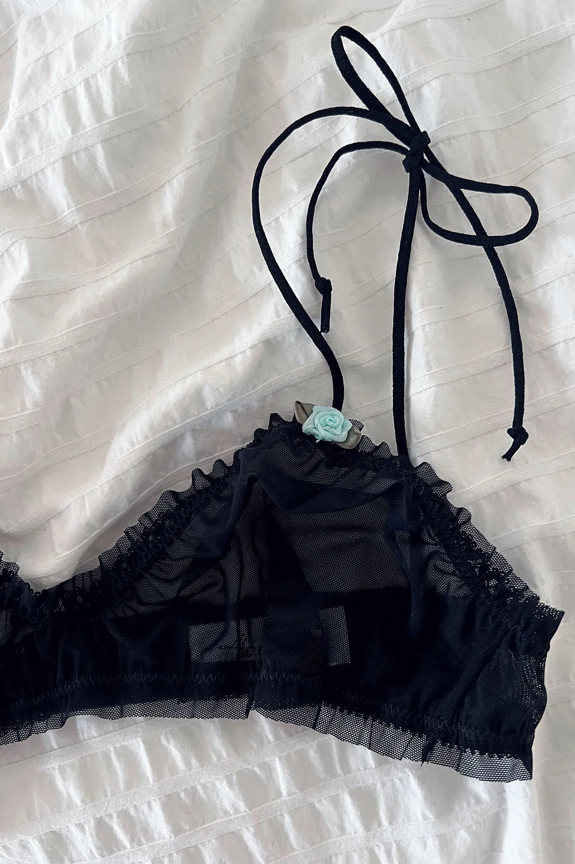 READY TO SHIP / Black Recycled Mesh Rosette Bralette (XS,S)