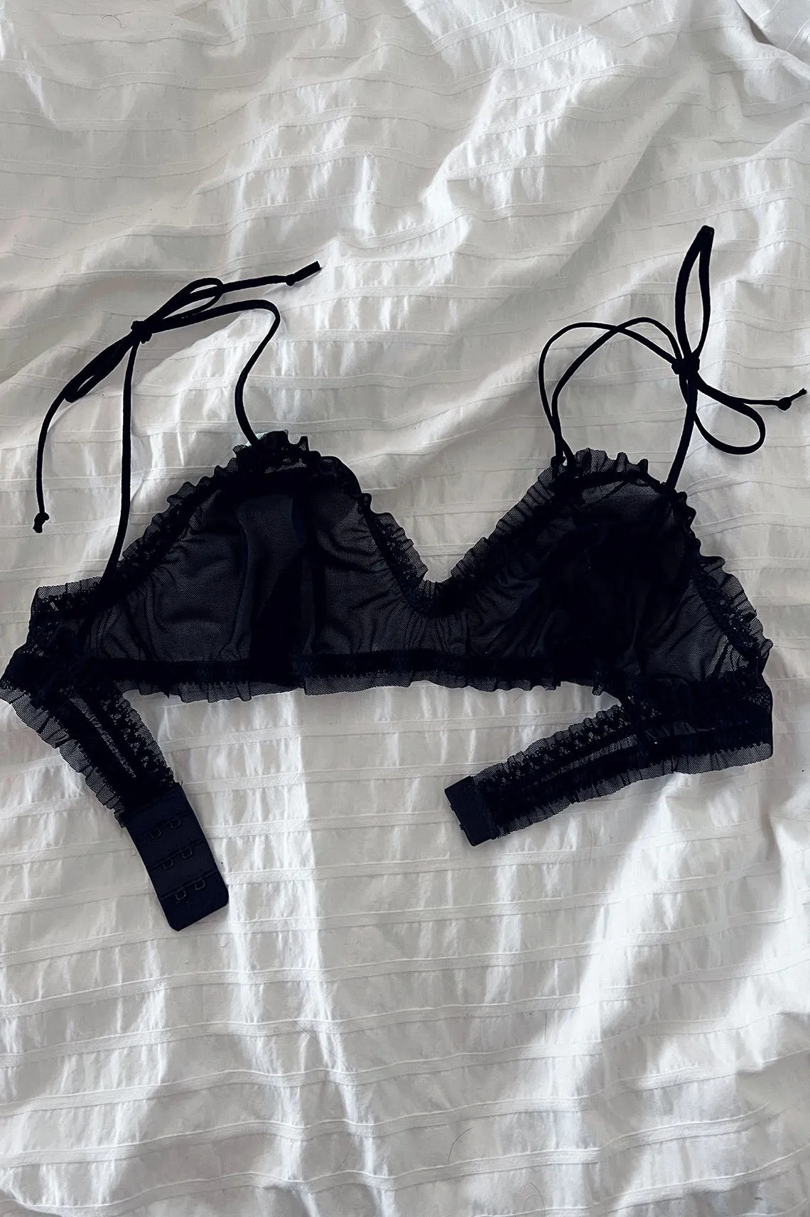 READY TO SHIP / Black Recycled Mesh Rosette Bralette (XS,S)