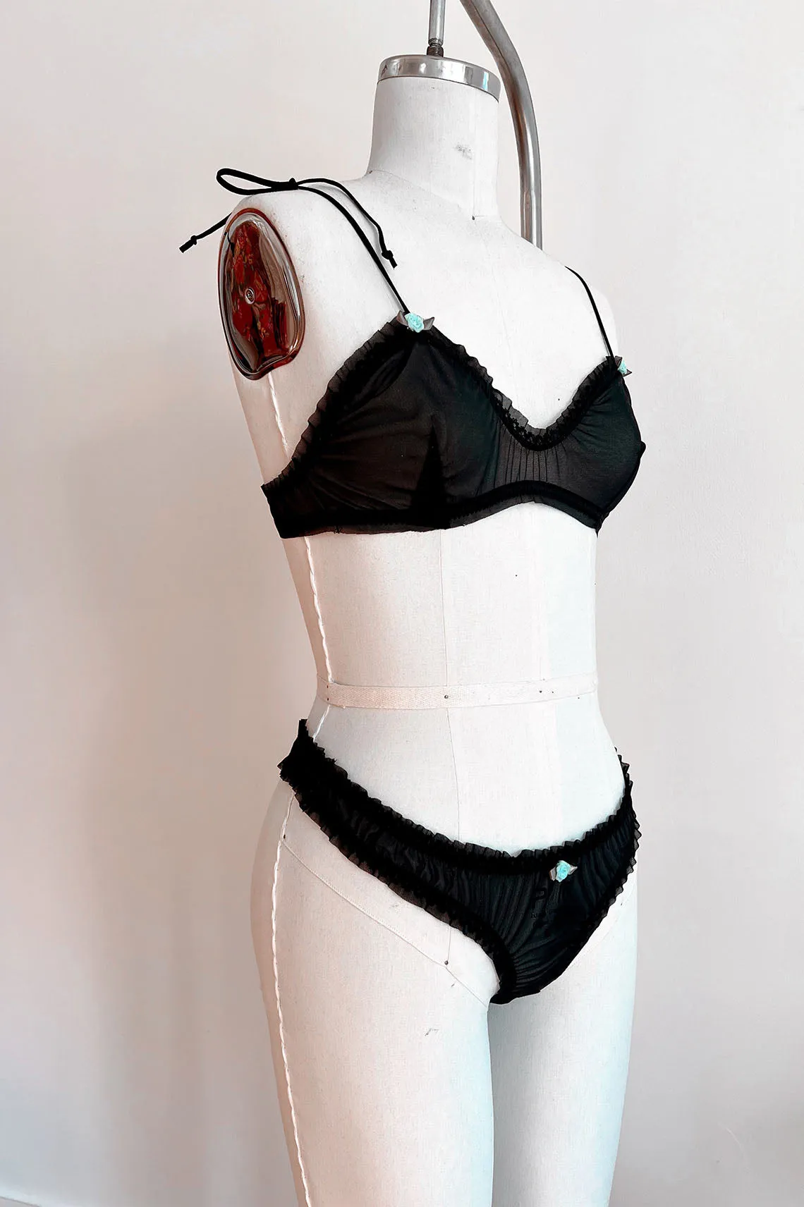 READY TO SHIP / Black Recycled Mesh Rosette Bralette (XS,S)