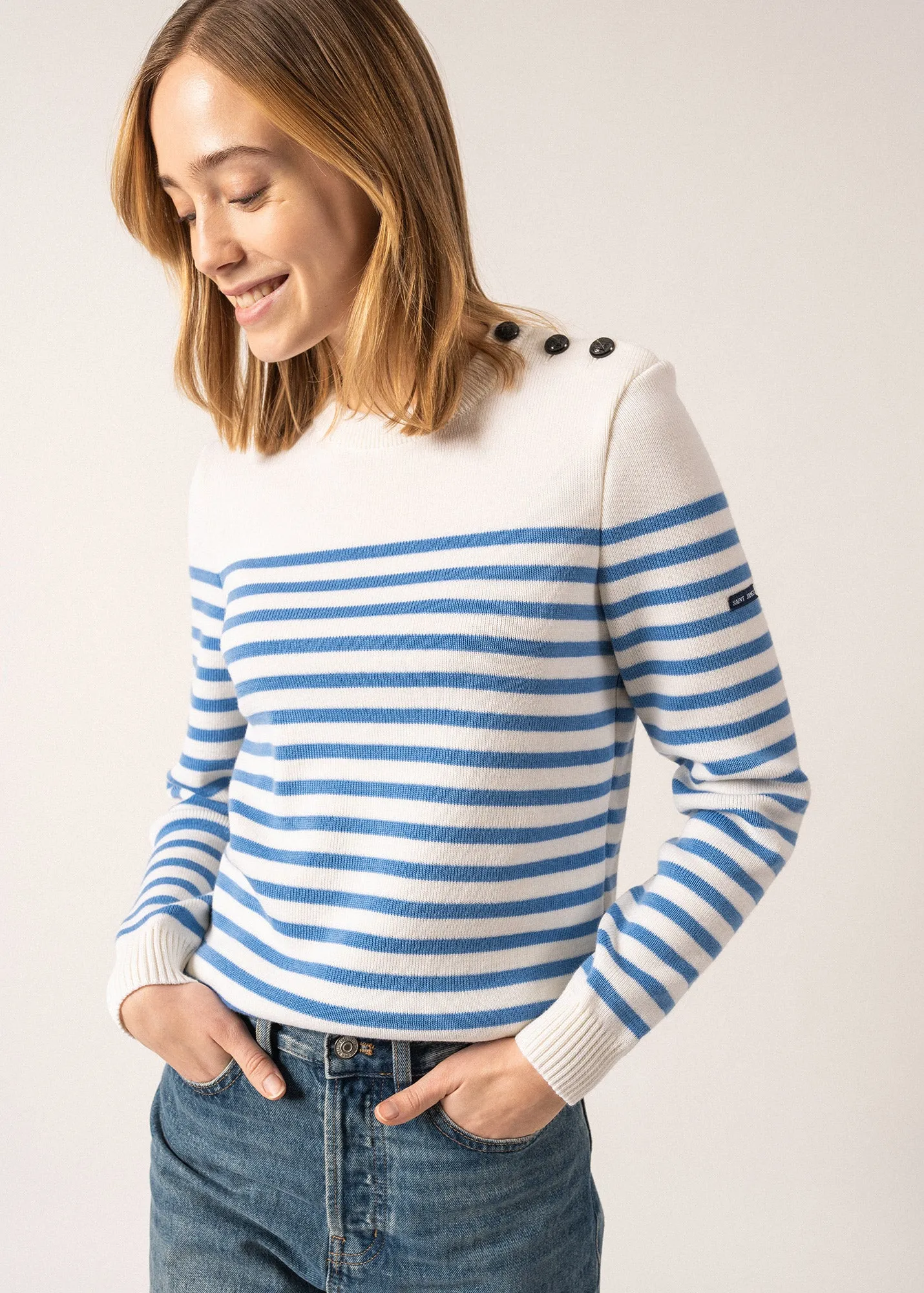 ROCHEFORT - Breton Sweater With Button Shoulder for Women  | 100% Comfort Wool (IVORY / OXYGEN BLUE)