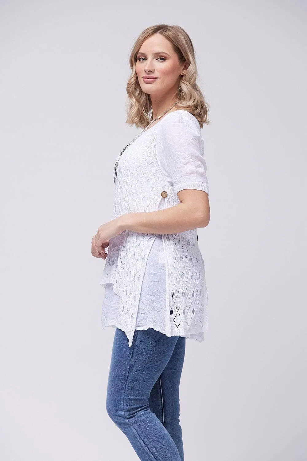 Saloos Pointelle Design Layered Top with Necklace