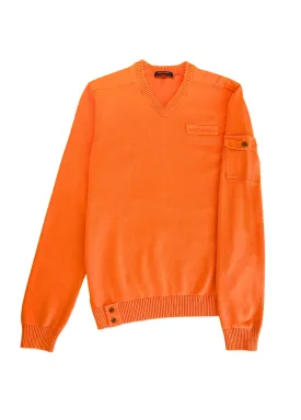 TENERIFE - V-neck Cotton Sweater with Canvas Patches (NEON ORANGE)