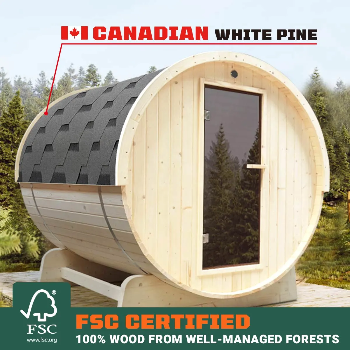 TMG LIVING Outdoor White Pine Barrel Sauna, Three Person, Tempered Glass Door, TMG-LSN41