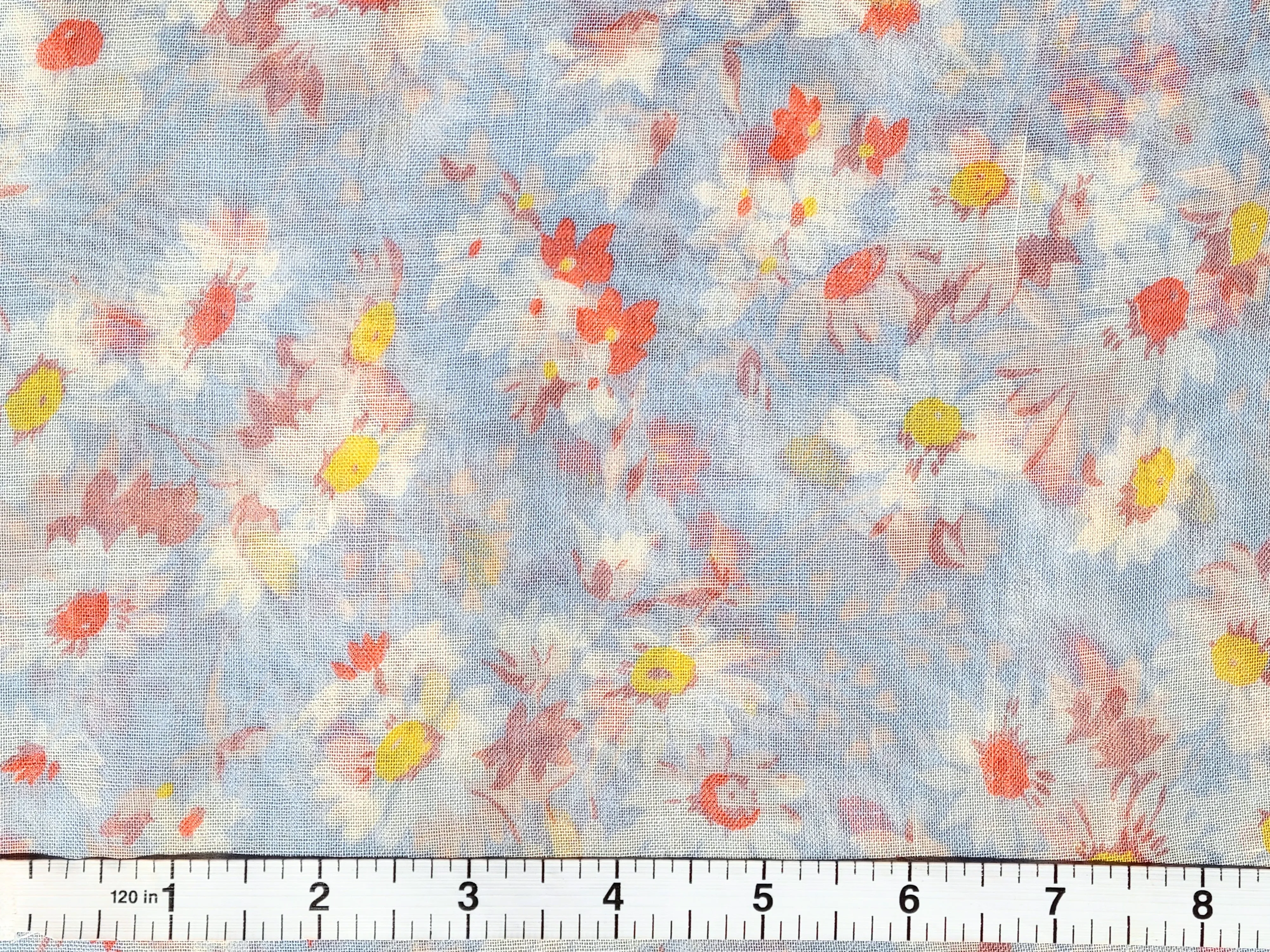 Vintage Fabric - Voile - Floral - Blue Background - Fabric Remnant - VLE310