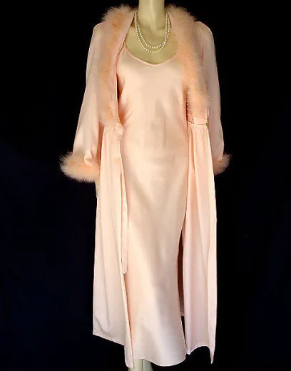 *VINTAGE INTIME MARABOU PEACHY PINK SATINY PEIGNOIR & NIGHTGOWN SET