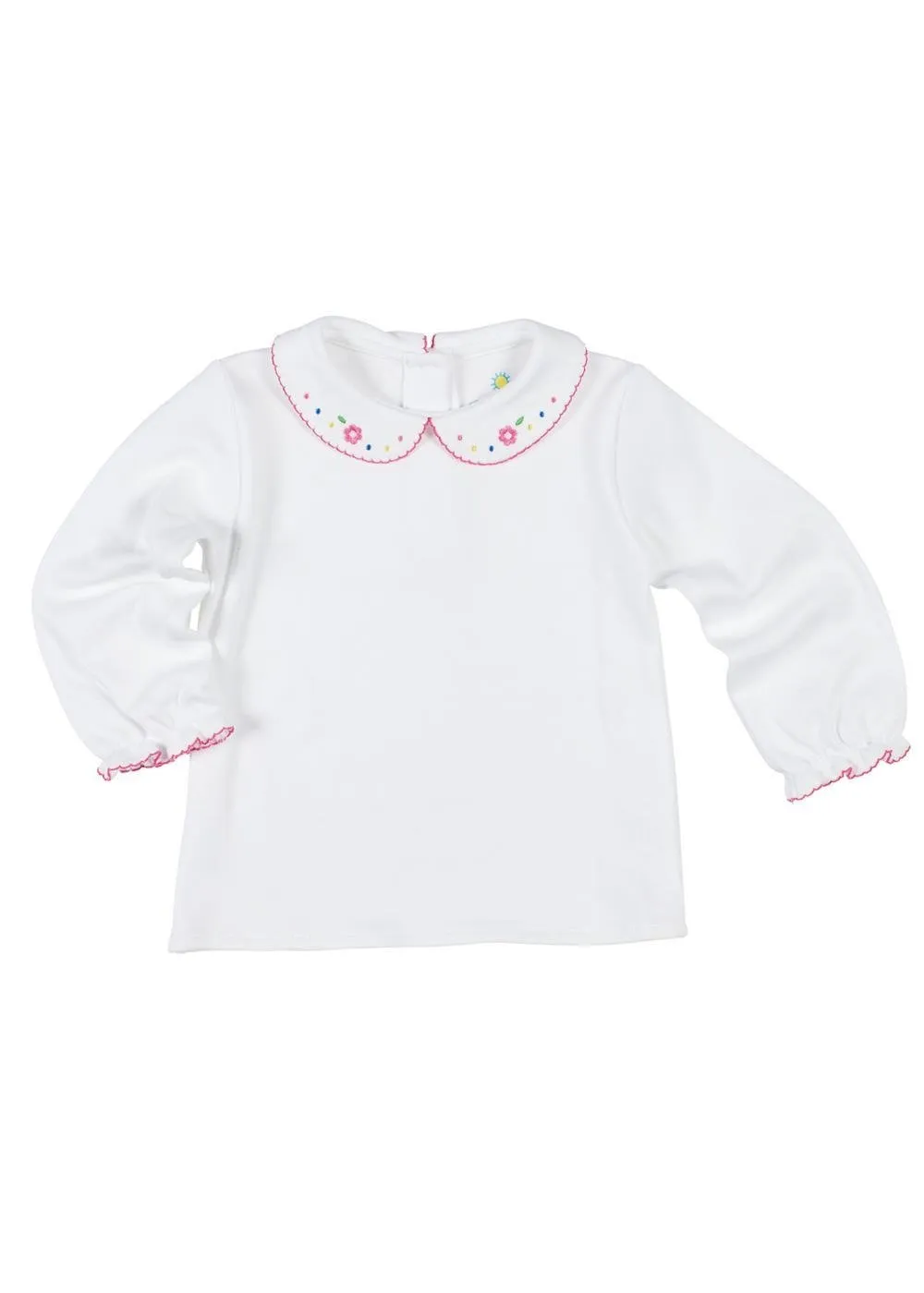 White Knit Blouse With Pink Embroidered Collar